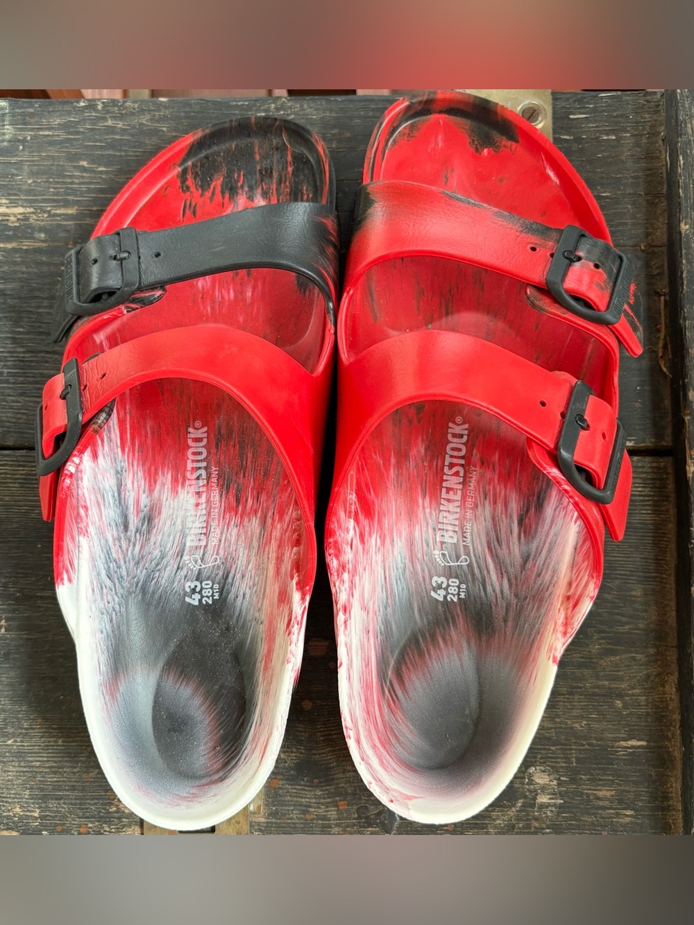 Birkenstock Rare Red and Black Two-Strap Slide Sandals